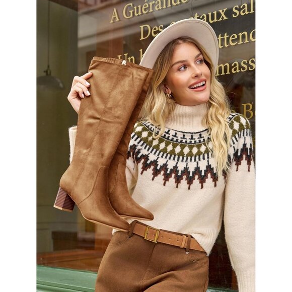 Women's Light Brown Chunky Heel Knee High Boots Suede Round Toe Fall Winter Tall - Picture 4 of 6